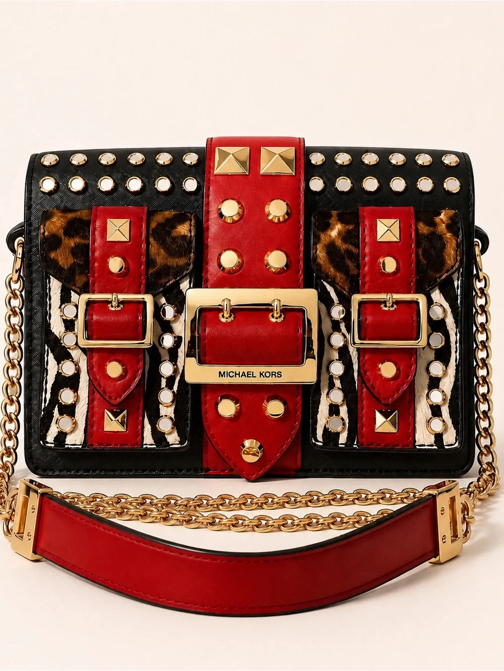Michael Kors Studded Animal Print Chain Crossbody Bag Red Black